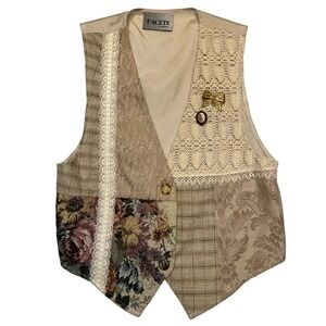 Facets Vintage Antique Patchwork Tapestry Lace Multi-Color Floral Vest Size‎ M